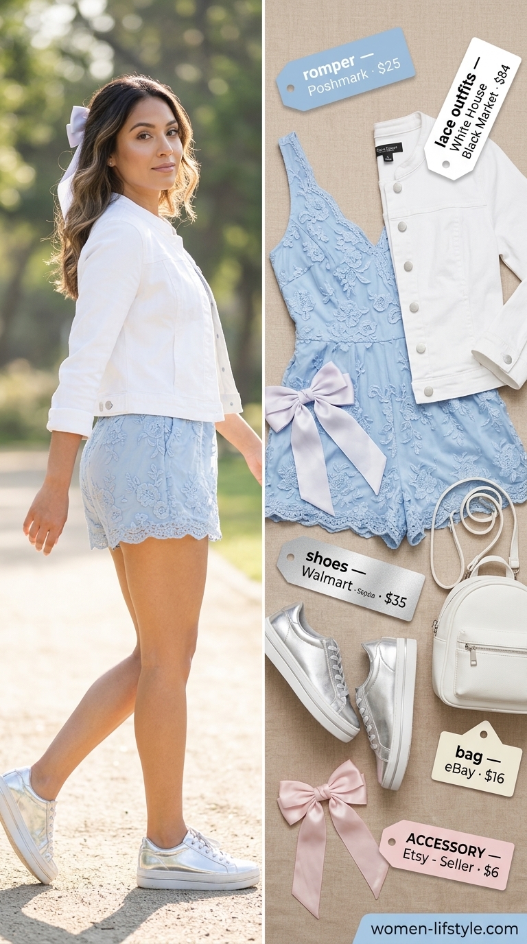 Festival Coquette Lace Outfits 2026 Whimsical festival outfit: powder blue lace romper, white sneakers, silver jewelry. Coquette lace summer outfits for women 2026.