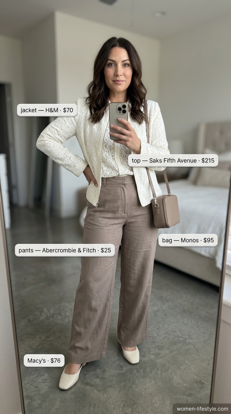 Gallery Opening Coquette Lace Outfits 2026 Gallery opening outfit: ivory lace shirt, taupe trousers, nude mules. Coquette lace summer outfits for women 2026.