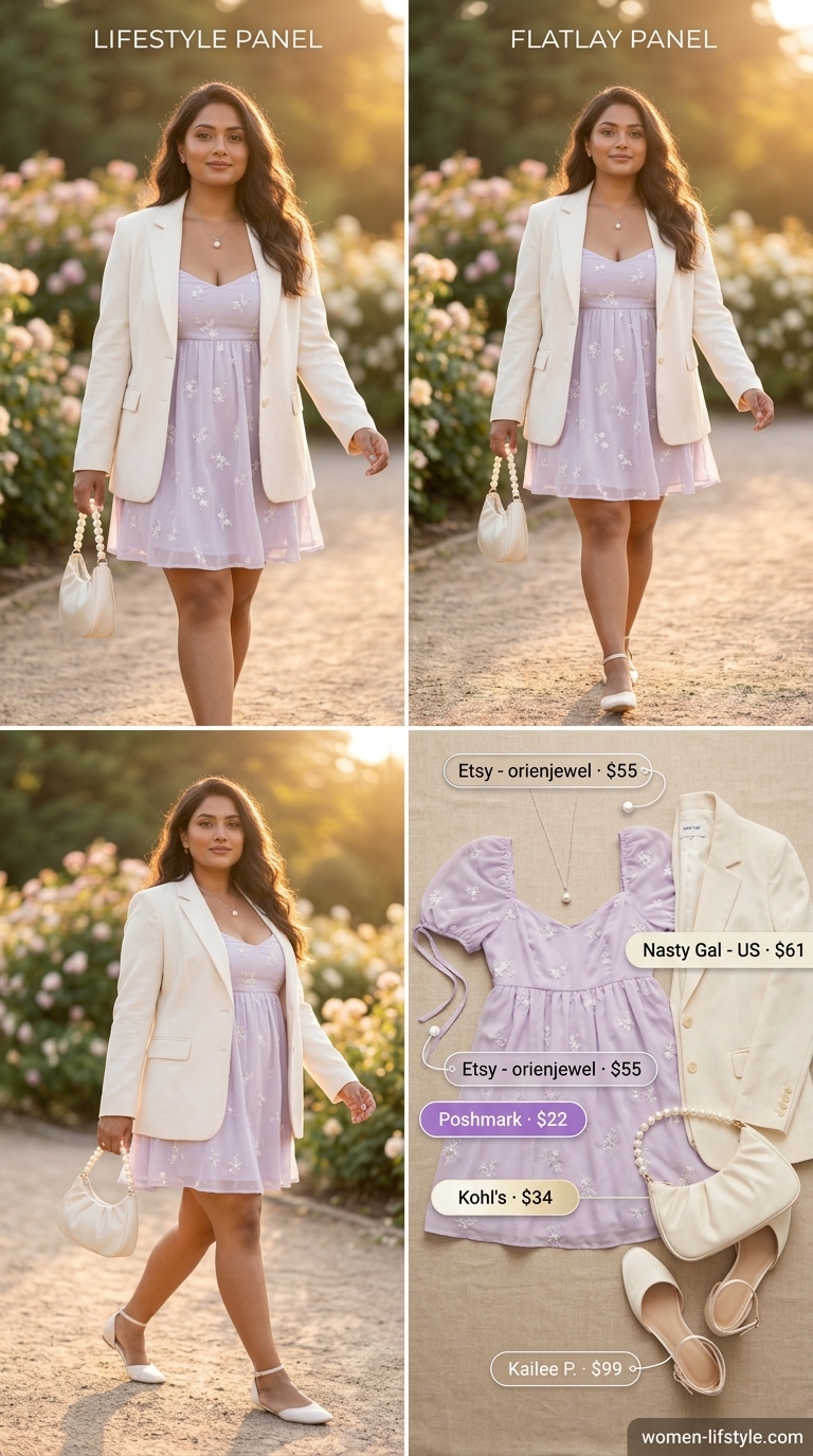 Garden Soiree Coquette Lace Outfits 2026 Garden soiree dress: white lace babydoll mini dress, lavender flats, silver bag. Coquette lace summer outfits for women 2026.