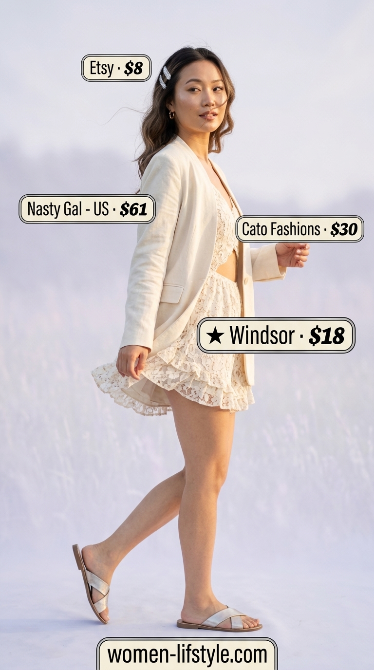 Coquette lace summer outfit: Lavender lace romper, pearl crossbody, and silver sandals for a playful day out.