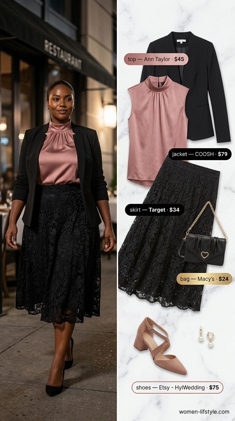 Date Night Coquette Lace Outfits 2026 Midnight rose date night outfit: black lace midi skirt, knit top, rose heels. Coquette lace summer outfits for women 2026.