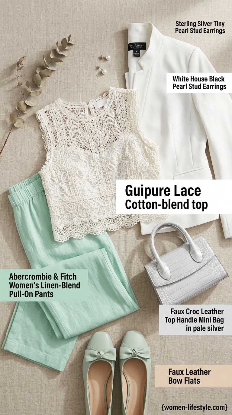 Mint & White Coquette Lace Outfits 2026 Mint & White Afternoon Tea outfit: white guipure lace crop top, mint trousers, white flats. Coquette lace summer outfits for women 2026.