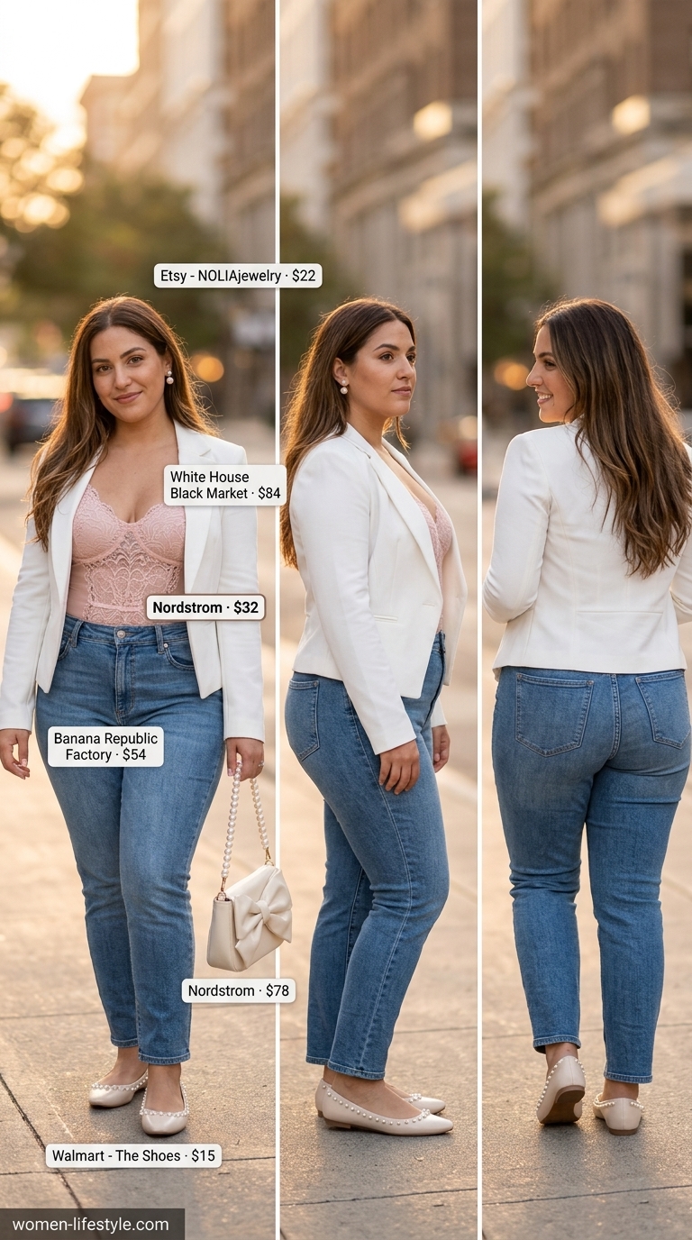 Playful Coquette Lace Outfits 2026 Playful date night outfit: blush lace bodysuit, white jeans, pearl mules. Coquette lace summer outfits for women 2026.