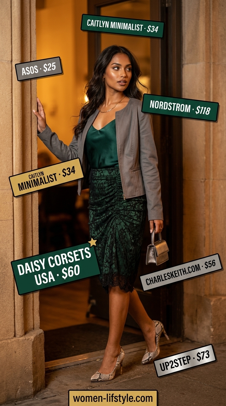 Coquette Lace Summer Outfits 2026: Date Night Skirt Coquette lace summer outfit: Teal lace mini skirt, silk cami, layered necklace, and ankle boots for date night.