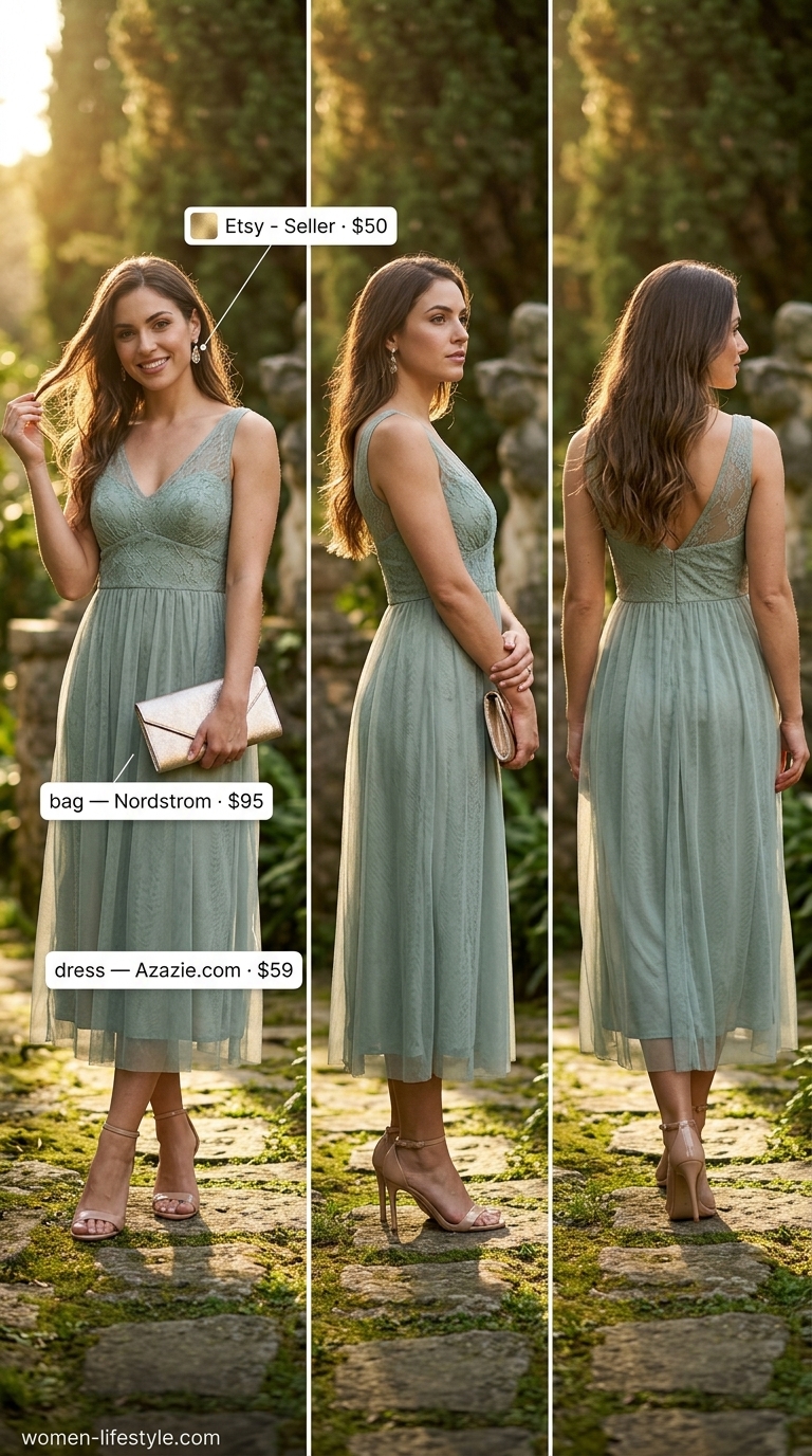 Wedding Guest Coquette Lace Outfits 2026 Enchanted forest wedding guest dress: sage green lace maxi dress, gold jewelry, nude sandals. Coquette lace summer outfits for women 2026.