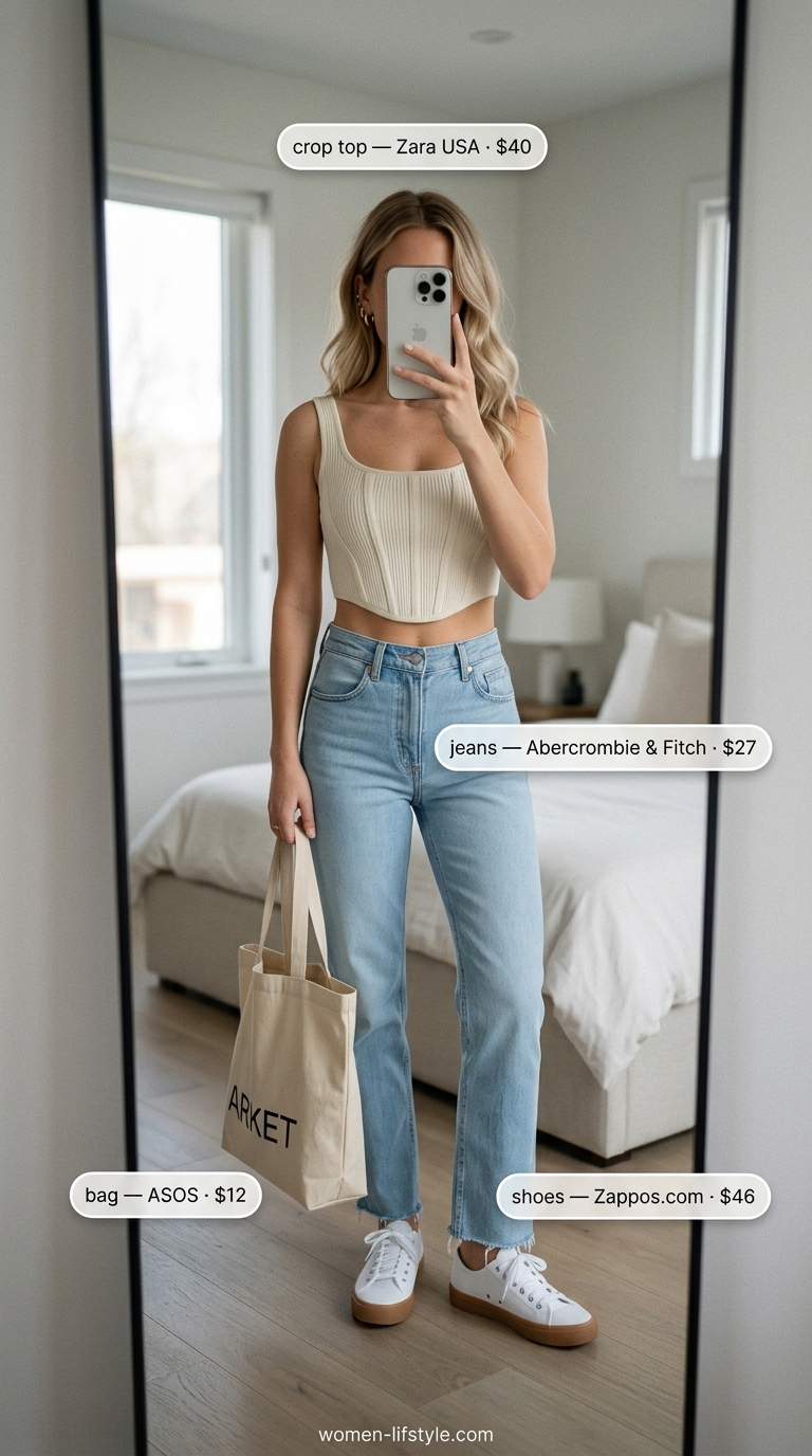 Casual Day Out Corset Crop Top Outfits for Women 2026 Beige knit corset crop top with light wash straight-leg jeans for casual day out outfits 2026.