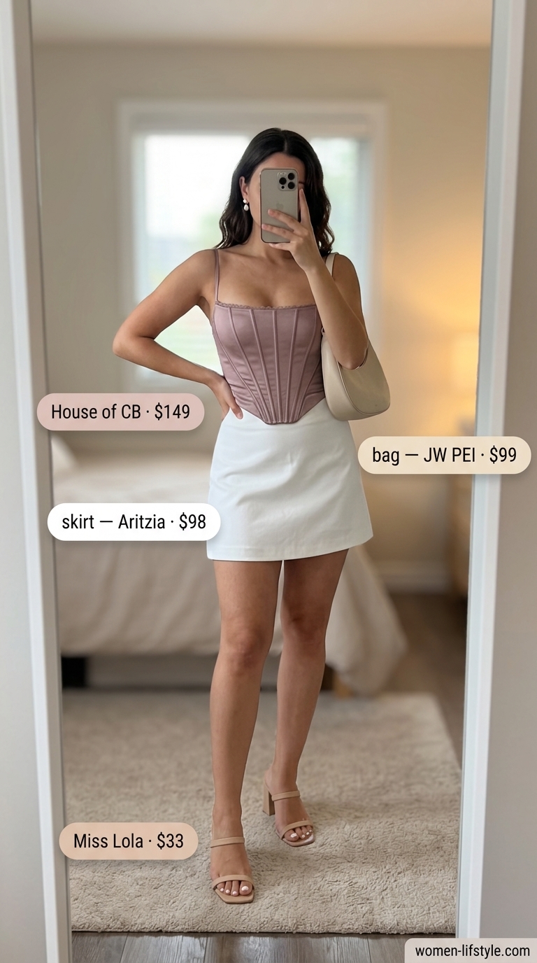 Date Night Corset Crop Top Outfits for Women 2026 Blush pink satin corset crop top with white mini skirt, perfect for date night outfits for women 2026.