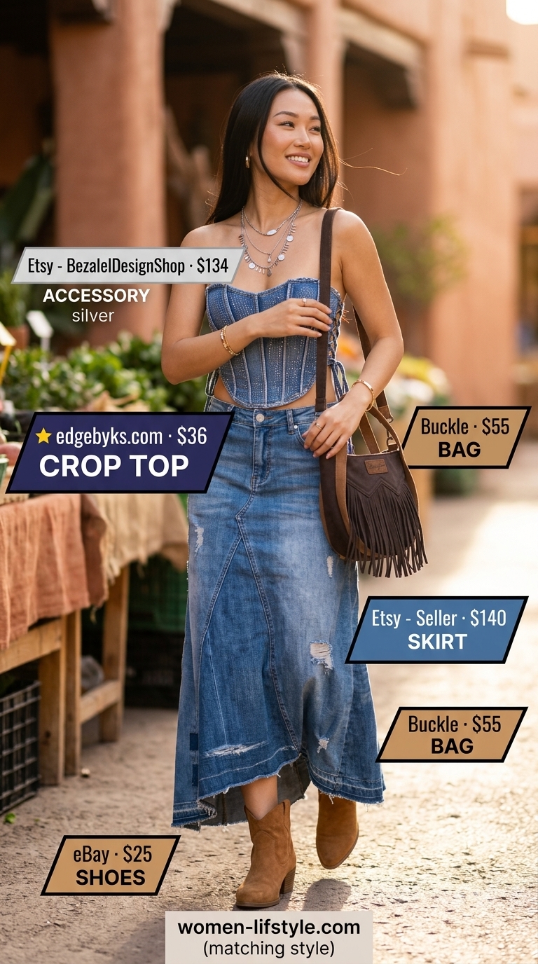 Boho Festival Corset Crop Top Outfits for Women 2026 Boho denim corset crop top with embroidered details and patchwork maxi skirt for festival outfits 2026.