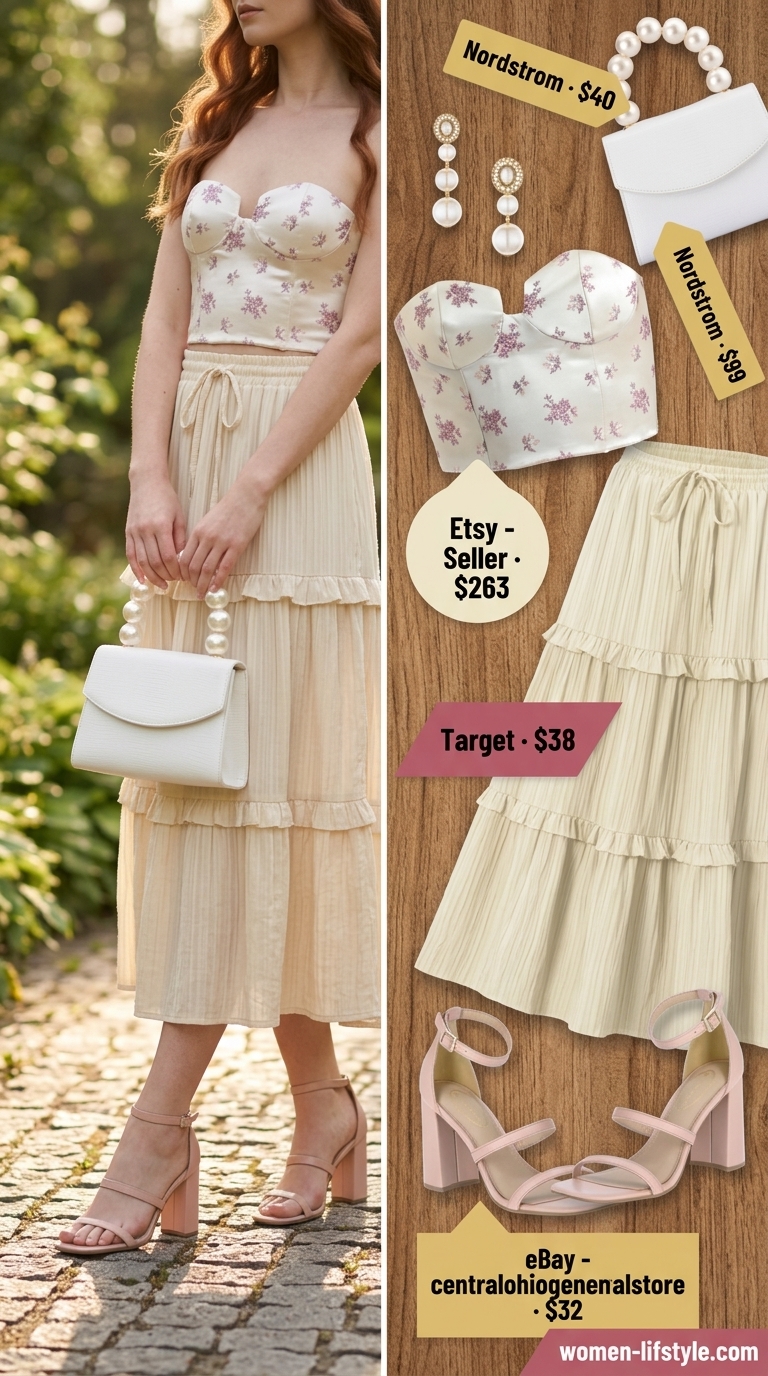 Garden Party Corset Crop Top Outfits for Women 2026 Blush pink floral corset crop top with cream tiered midi skirt for garden party outfits 2026.