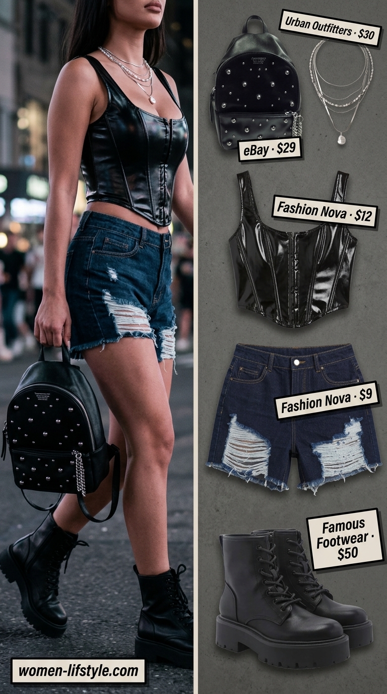 Edgy Night Out Corset Crop Top Outfits for Women 2026 Black faux leather corset crop top with distressed denim shorts for edgy night out outfits 2026.