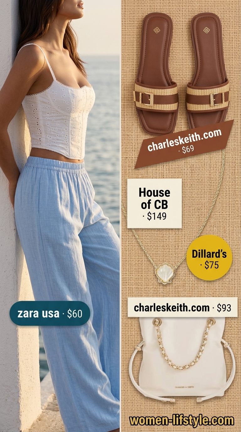 Resort Wear Corset Crop Top Outfits for Women 2026 White eyelet corset crop top with sky blue linen trousers for elegant resort wear outfits 2026.