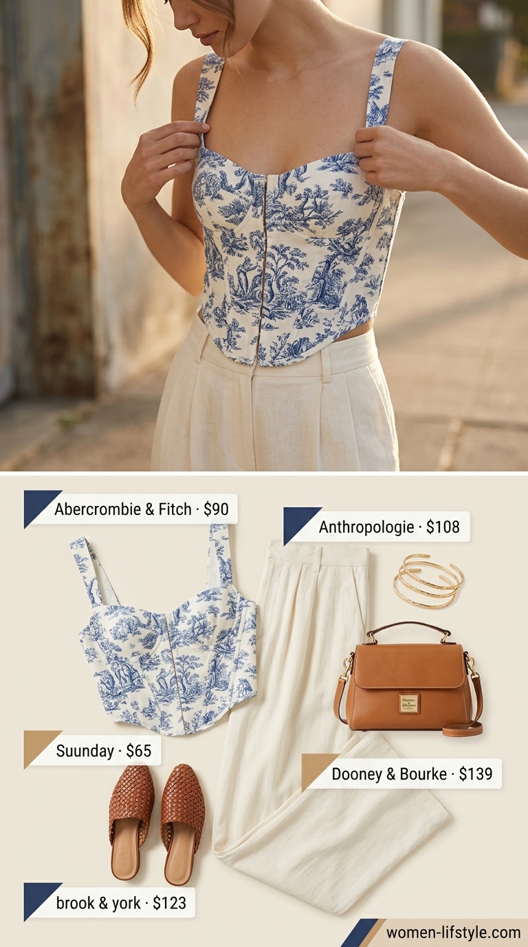 Sophisticated Corset Crop Top Outfits for Women 2026 Pale beige linen corset crop top with tailored wide-leg trousers for sophisticated outfits 2026.