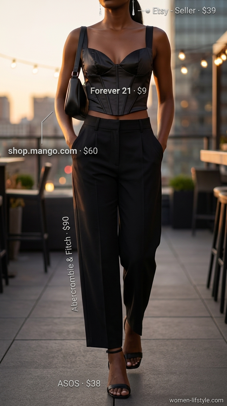 Urban Chic Corset Crop Top Outfits for Women 2026 Black satin corset crop top with tailored wide-leg trousers for sleek urban outfits 2026.