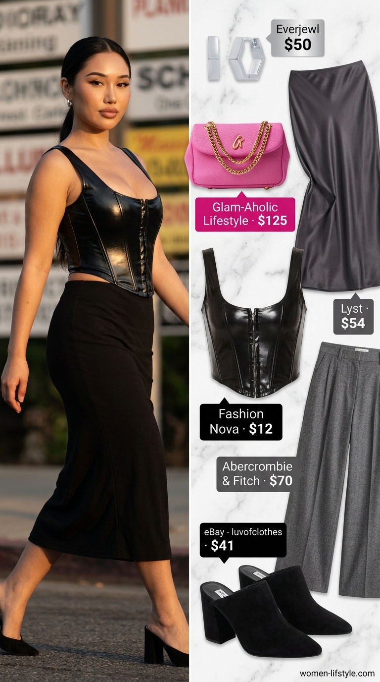 Corset Crop Top Outfits 2026: Date Night Sophistication Black faux leather corset crop top with charcoal trousers for a sophisticated date night outfit 2026.