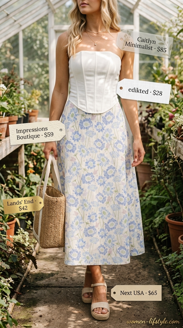 Brunch Corset Crop Top Outfits for Women 2026 White linen corset crop top with a floral midi skirt for summer brunch outfits 2026.