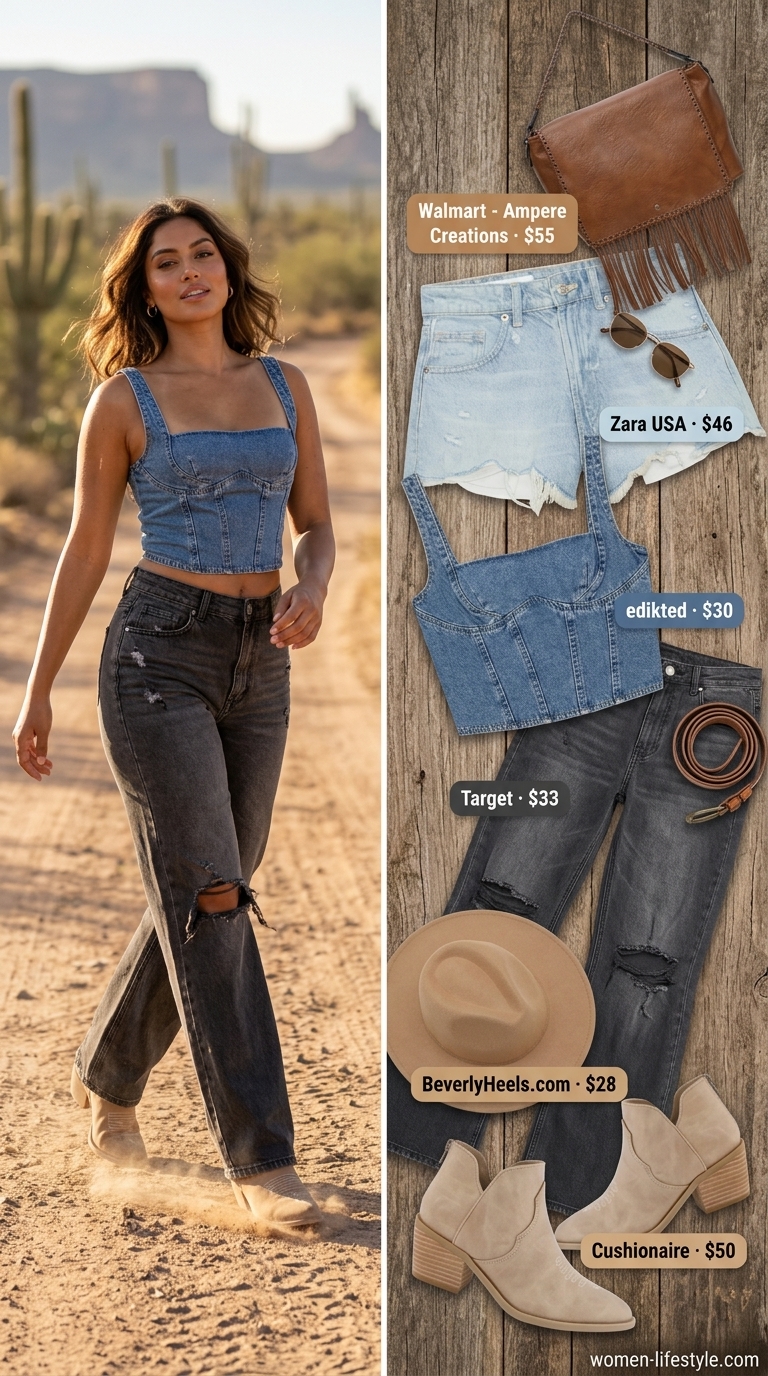 Corset Crop Top Outfits 2026: Festival Bohemian Vibes Light wash denim corset crop top with distressed shorts for a bohemian festival outfit 2026.
