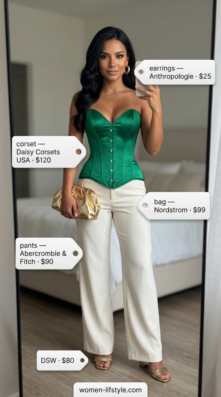 Emerald Gala Corset Crop Top Outfits for Women 2026 Sophisticated emerald green satin corset crop top with cream wide-leg trousers for women 2026 gala.
