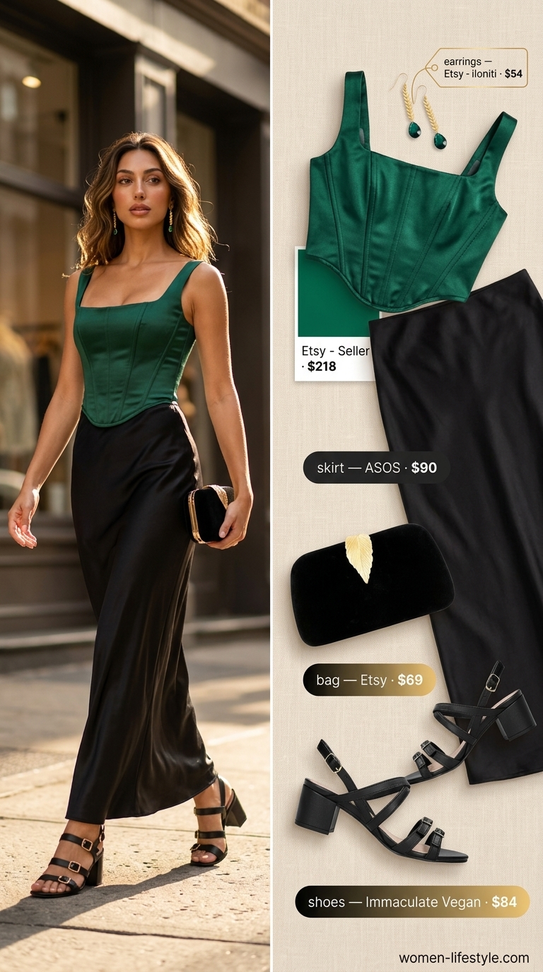 Corset Crop Top Outfits 2026: Glamorous Party Look Emerald green silk corset crop top with black satin midi skirt for a glamorous party outfit 2026.