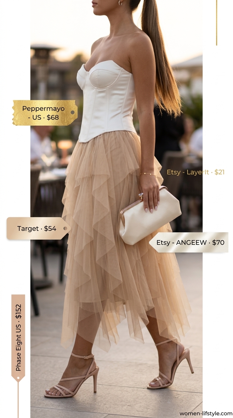 Evening Corset Crop Top Outfits for Women 2026 Ivory silk corset crop top with a champagne chiffon maxi skirt for evening events 2026.