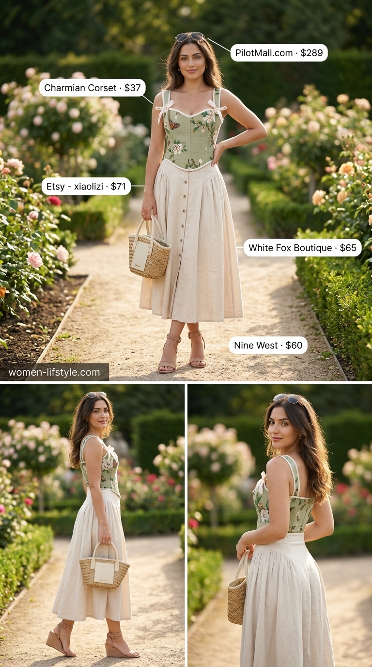 Corset Crop Top Outfits 2026: Garden Party Romance Pastel pink floral corset crop top with cream midi skirt for a garden party outfit 2026.