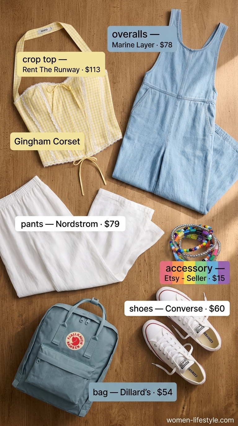 Corset Crop Top Outfits 2026: Playful Picnic Style Yellow gingham corset crop top with denim overalls for a playful picnic outfit 2026.