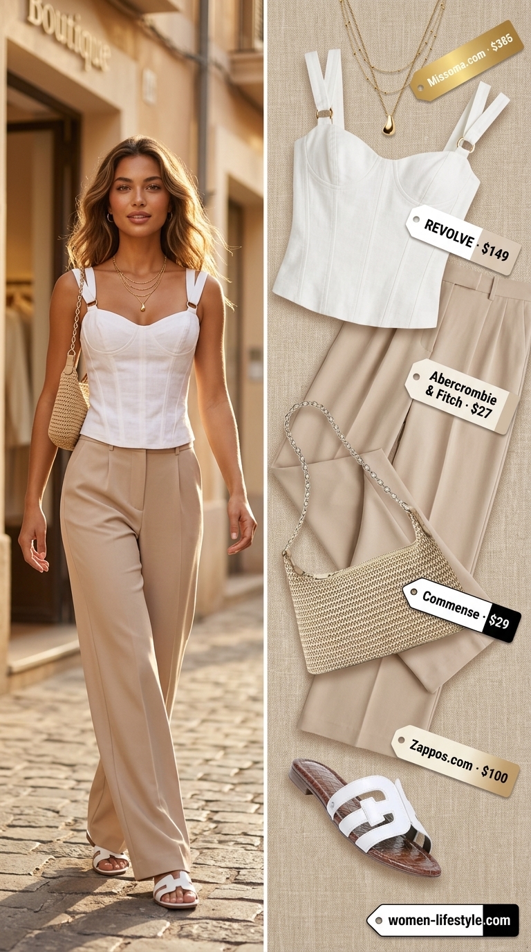 Corset Crop Top Outfits 2026: Chic Resort Wear White linen corset crop top with beige palazzo pants for chic resort wear outfits 2026.