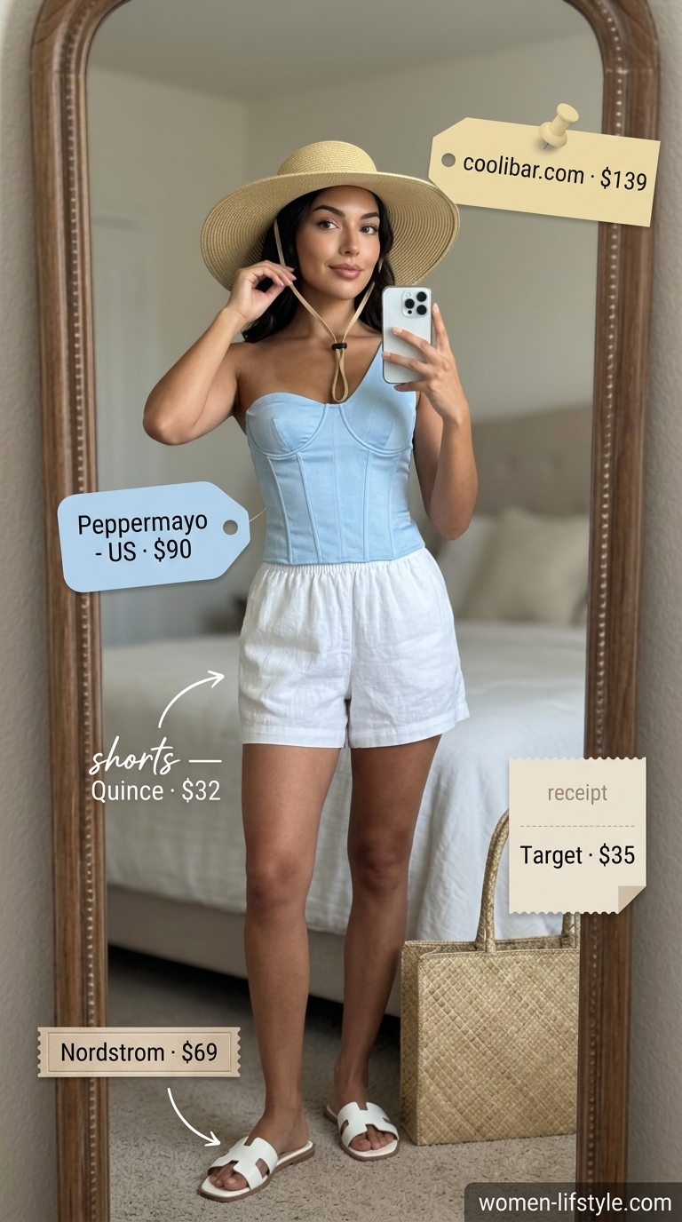 Poolside Corset Crop Top Outfits for Women 2026 Sky blue smocked corset crop top with white linen shorts for poolside outfits 2026.