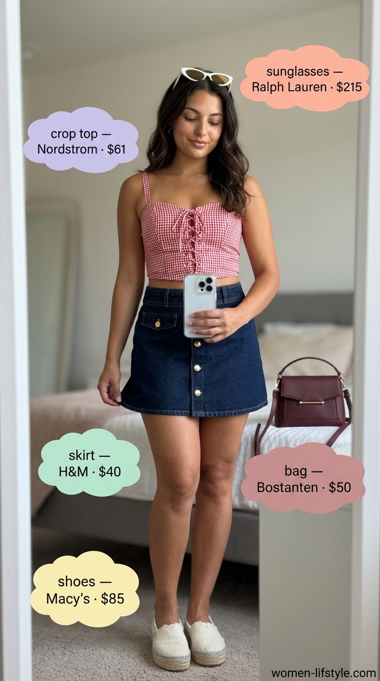 Retro Picnic Corset Crop Top Outfits for Women 2026 Retro red and white gingham corset crop top with denim mini skirt for picnic outfits 2026.