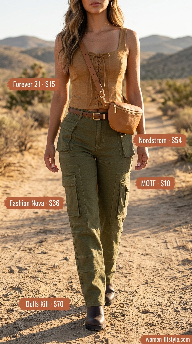 Safari Chic Corset Crop Top Outfits for Women 2026 Khaki faux suede corset crop top with olive green cargo pants for safari chic outfits 2026.