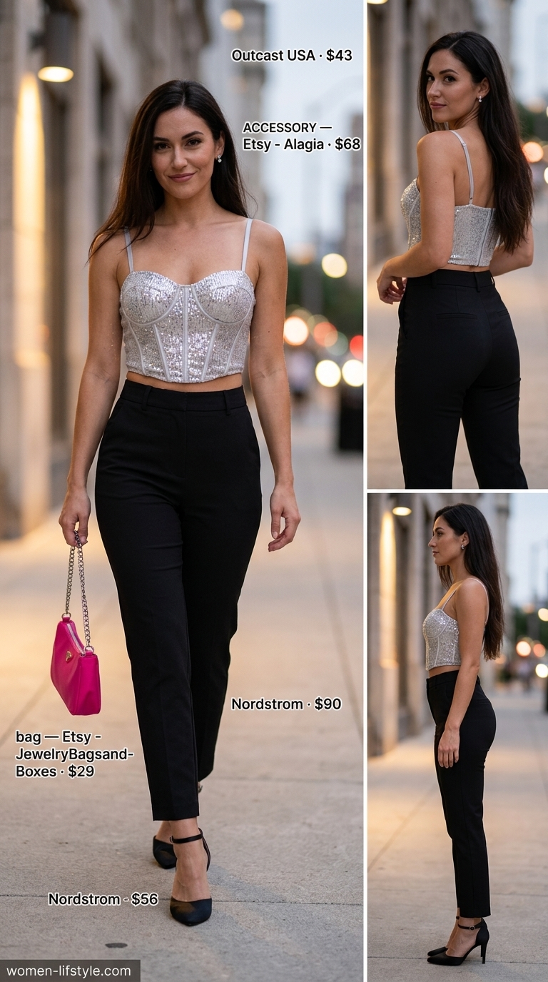 Corset Crop Top Outfits 2026: Evening Party Glam Silver sequin corset crop top with black tailored shorts for a dazzling evening party outfit 2026.