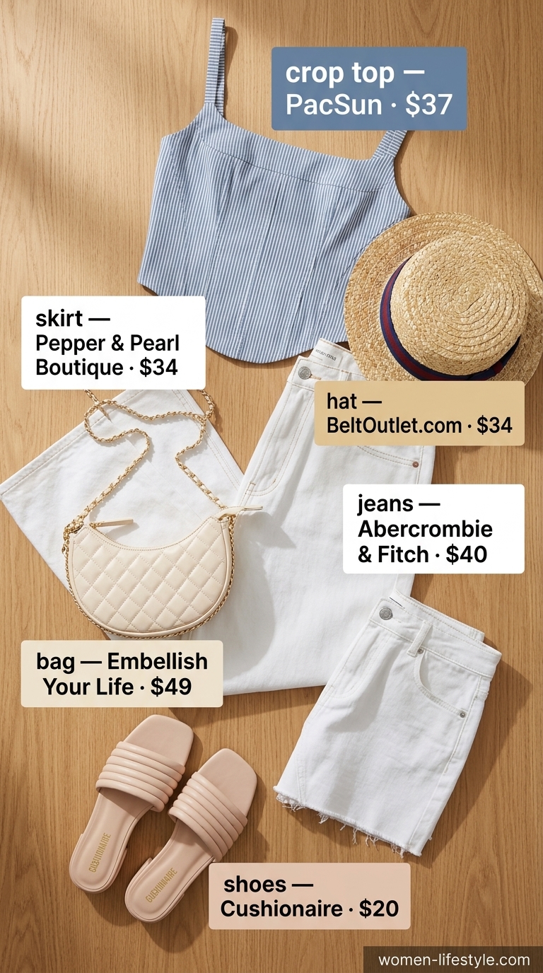 Corset Crop Top Outfits 2026: Nautical Weekend Style Navy and white striped corset crop top with white denim mini skirt for a nautical outfit 2026.