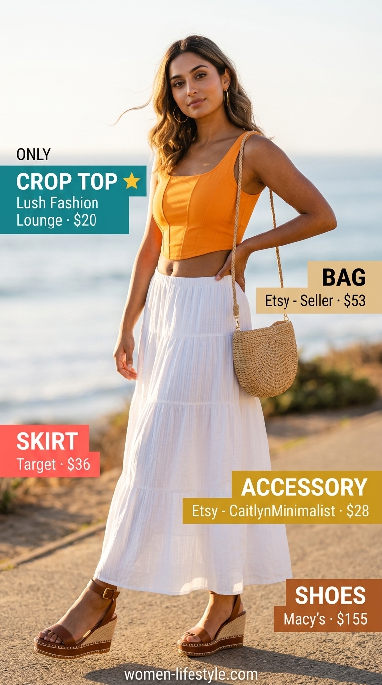 Tropical Evening Corset Crop Top Outfits for Women 2026 Bright orange corset crop top with a white tiered maxi skirt for tropical evening outfits 2026.