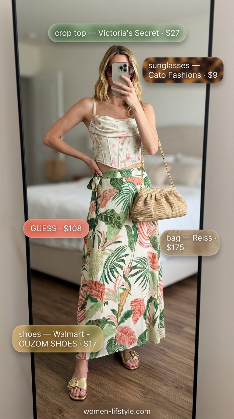 Tropical Corset Crop Top Outfits for Women 2026 Tropical print corset crop top with a flowy maxi skirt for women's vacation outfits 2026.