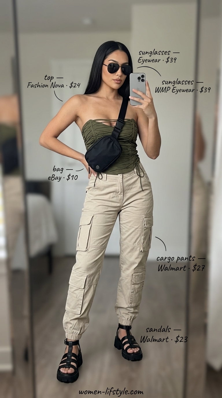 Utility Chic Corset Crop Top Outfits for Women 2026 Olive green utility corset crop top with beige cargo pants for city exploration outfits 2026.