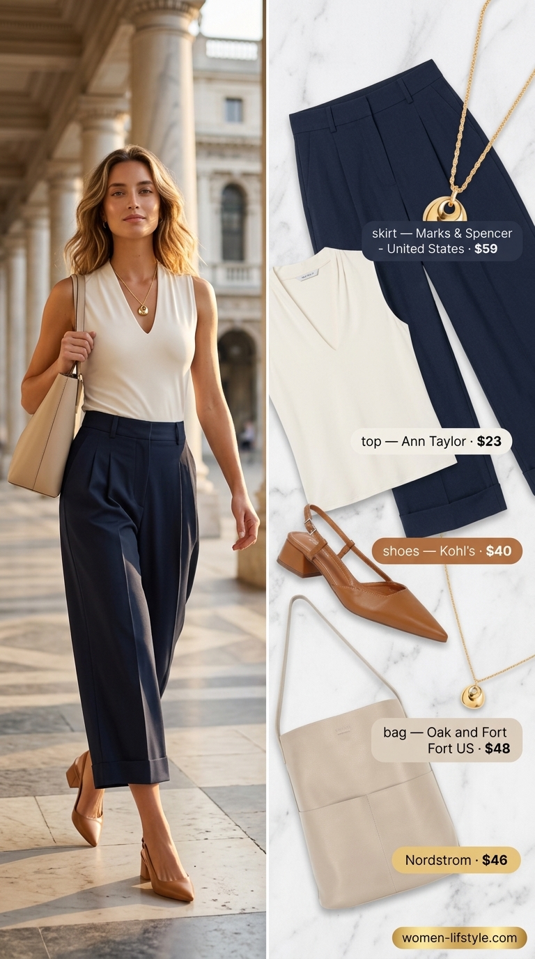 Boardroom Breeze: Professional Culottes 2026 Navy blue cropped summer tailored culottes for women 2026, styled with a white blouse and tan tote for a professional boardroom look.