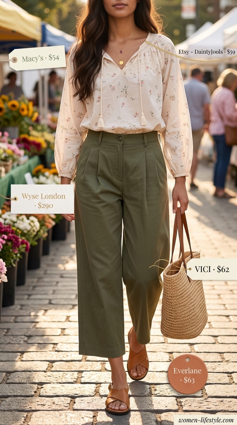 Boho Market Stroll Culottes 2026 Olive green tailored cropped culottes for women 2026 with a cream blouse and straw bag for a boho market stroll.