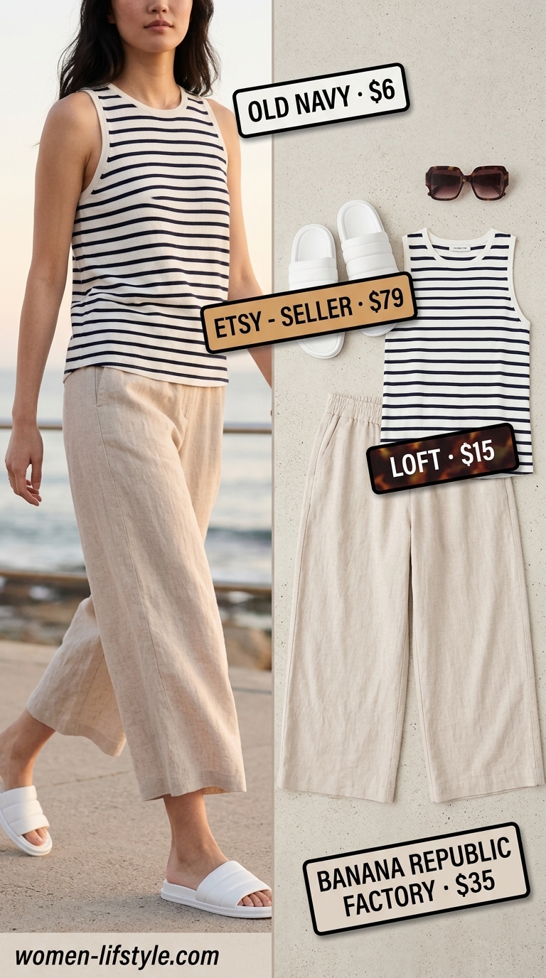 Weekend Brunch Culottes 2026 Light beige cropped summer tailored culottes for women 2026 with navy stripe top & straw bag for a relaxed brunch.