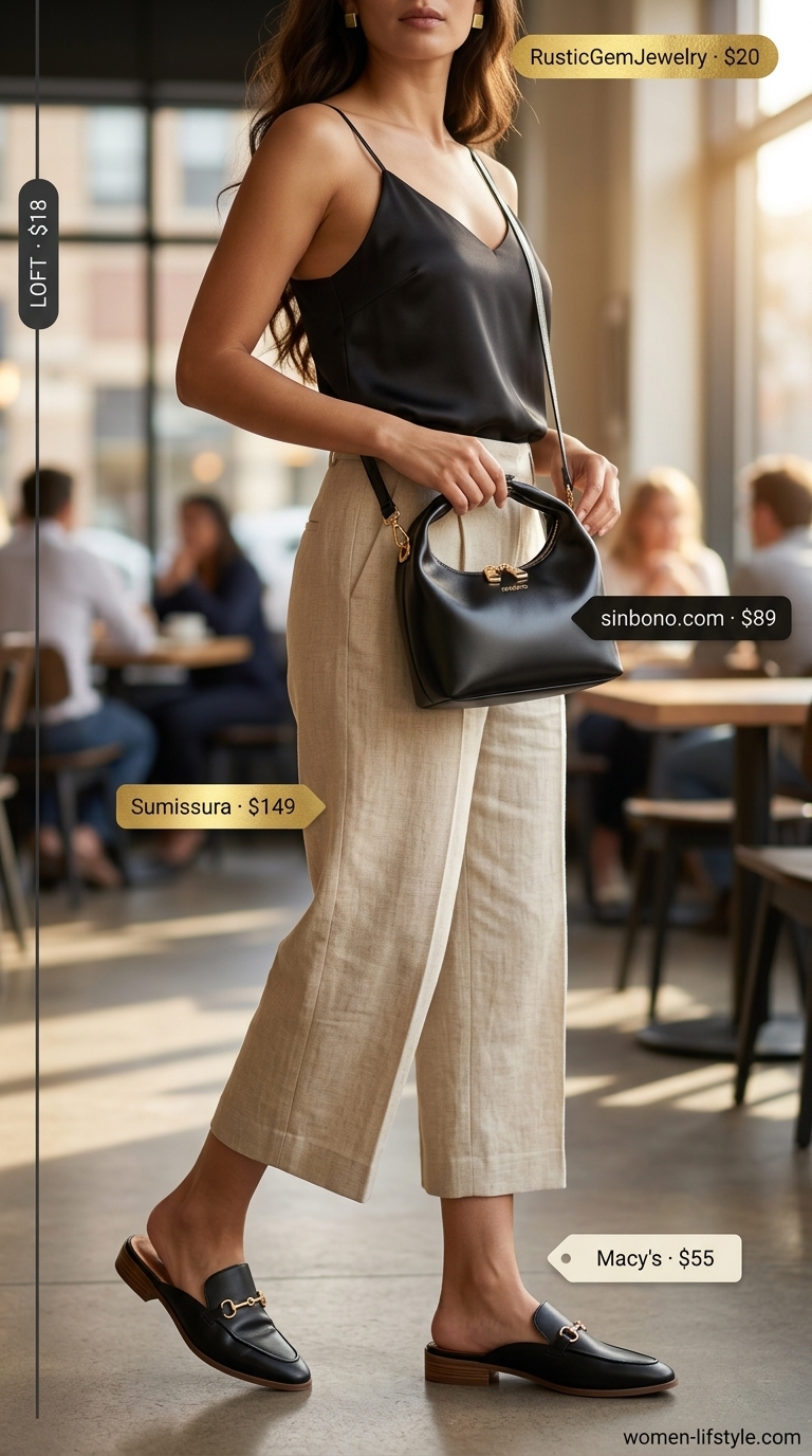 Business Lunch Culottes 2026 Beige cropped summer tailored culottes for women 2026 with black camisole & mules for a polished business lunch.