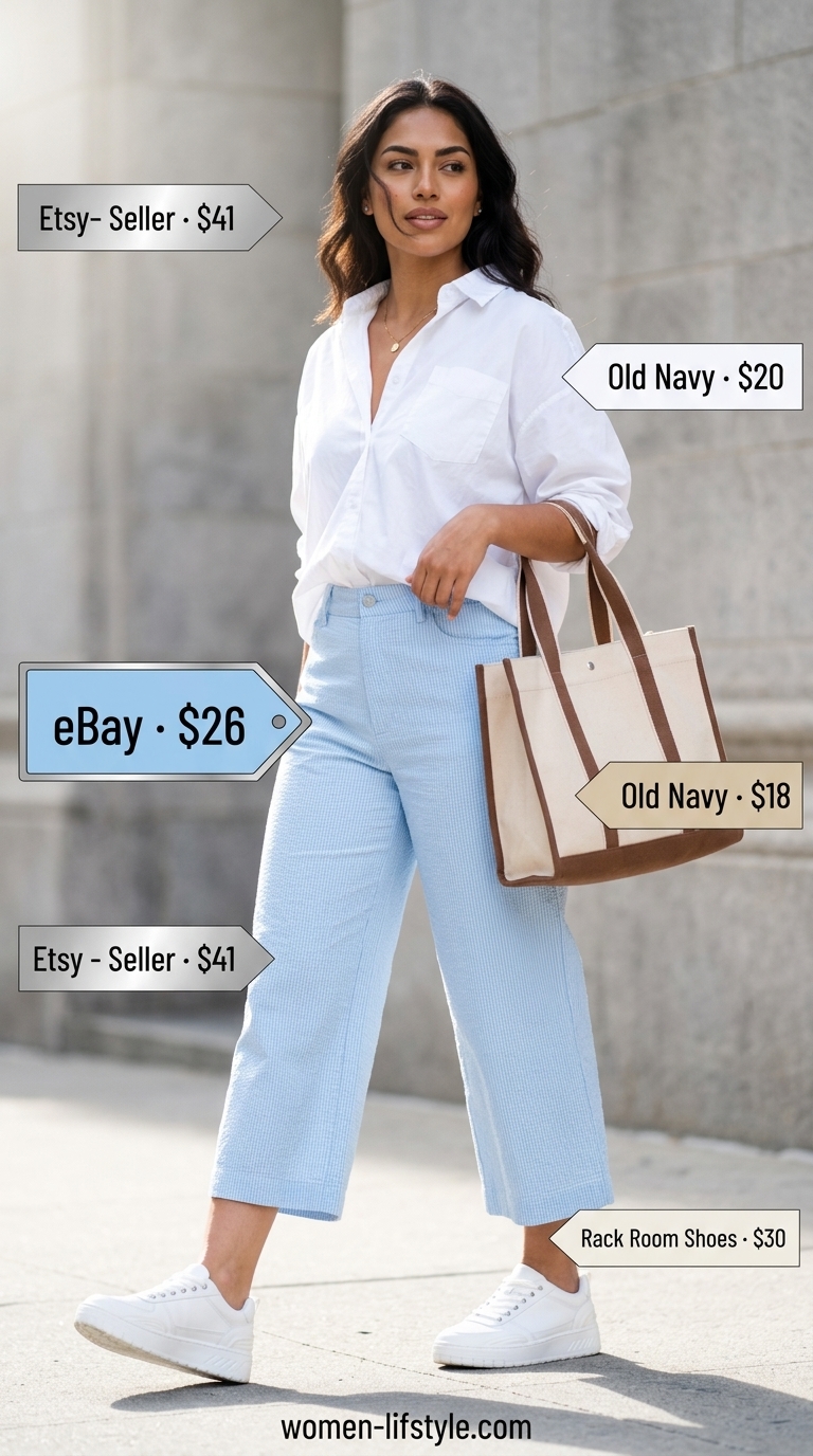 City Explorer Culottes Style 2026 Pale blue cropped summer tailored culottes for women 2026 with oversized shirt & sneakers for city exploration.