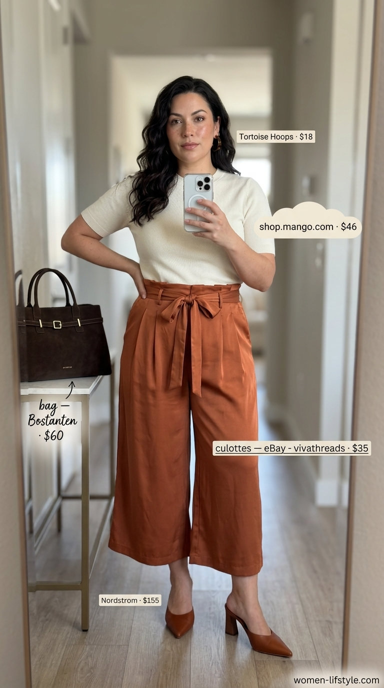 Creative Studio: Chic Culottes 2026 Terracotta cropped summer tailored culottes for women 2026, styled with a cream sweater and brown satchel for a creative studio day.