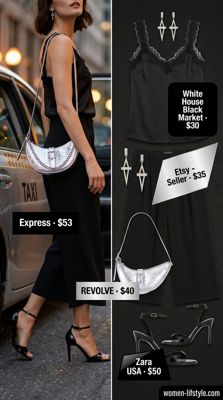 Date Night Culottes Outfit 2026 Black cropped summer tailored culottes for women 2026 with satin cami & strappy heels for a sophisticated date night.