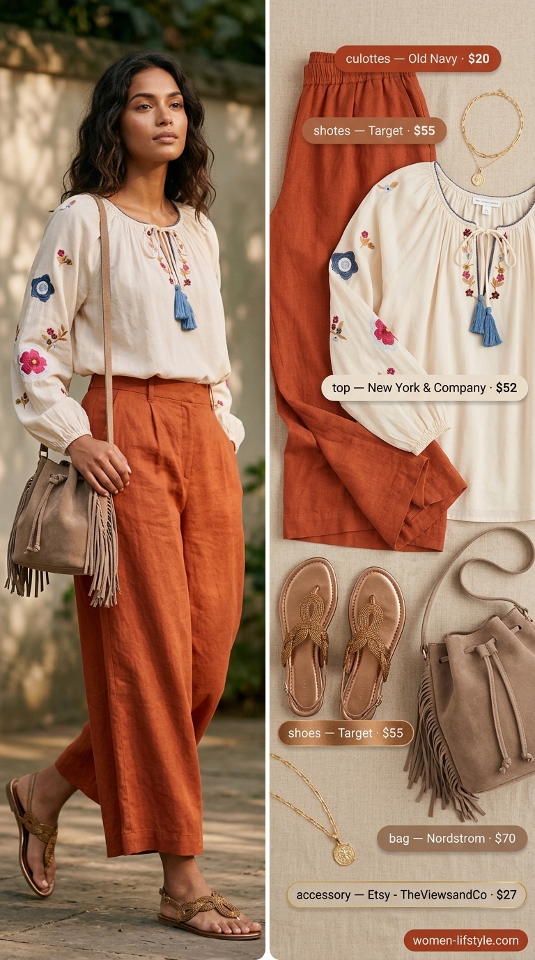 Desert Festival: Bohemian Culottes 2026 Terracotta orange cropped summer tailored culottes for women 2026, paired with an ivory peasant blouse and bronze sandals for a festival look.