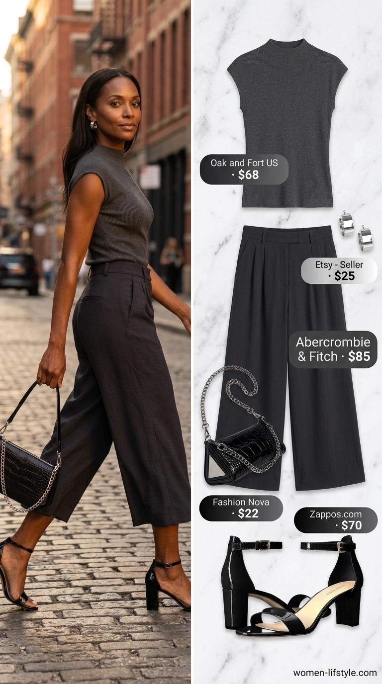 Evening Out: Sleek Culottes 2026 Black cropped summer tailored culottes for women 2026, paired with a charcoal mock neck top and strappy heels for an edgy evening look.