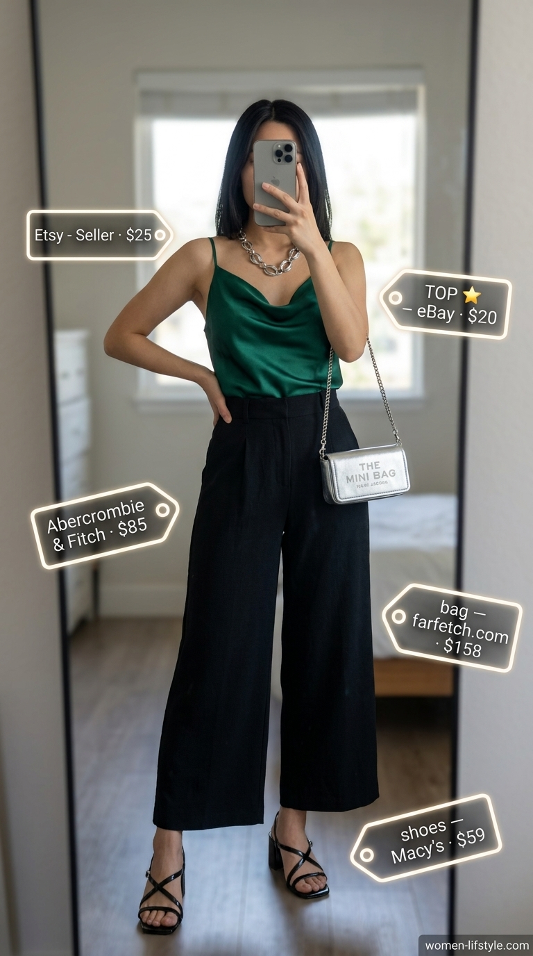 Gallery Opening: Bold Culottes 2026 Emerald green camisole with black cropped summer tailored culottes for women 2026 and metallic silver bag for a bold gallery look.