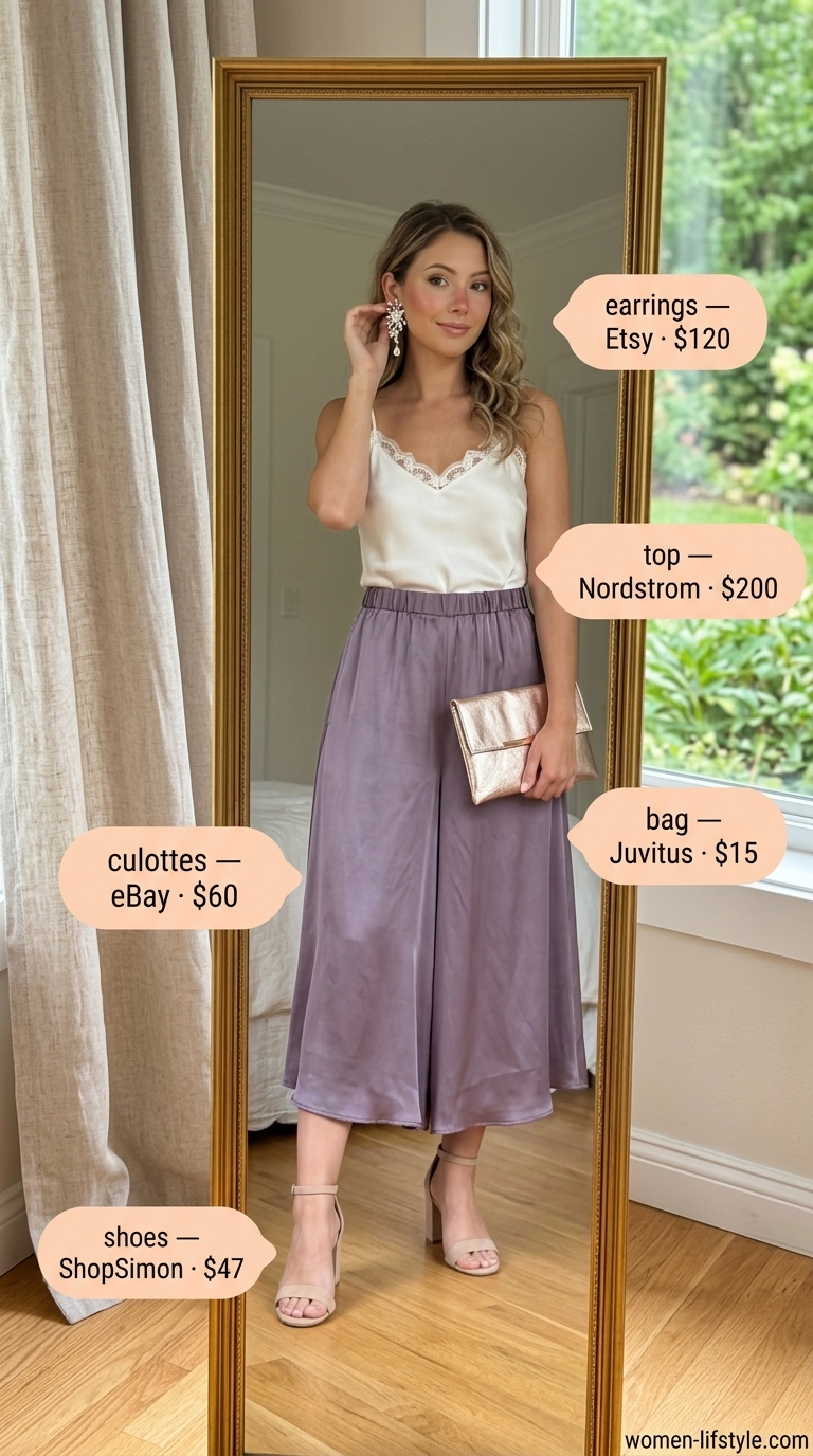 Romantic Garden Party Culottes 2026 Lavender cropped summer tailored culottes for women 2026 with ivory cami & nude sandals for a romantic garden party.