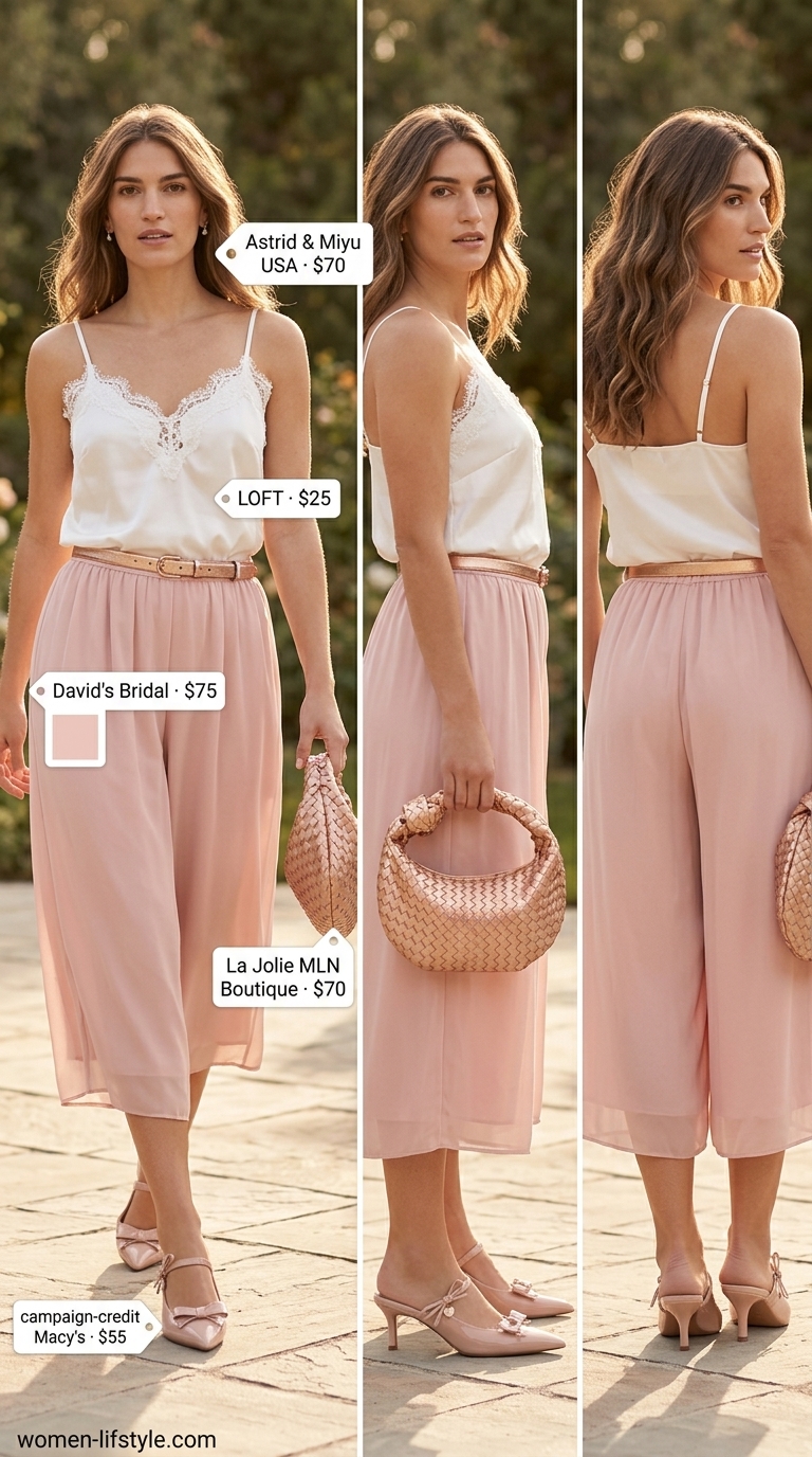 Garden Party: Romantic Culottes 2026 Pastel pink cropped summer tailored culottes for women 2026, styled with a white camisole and rose gold accessories for a garden party.