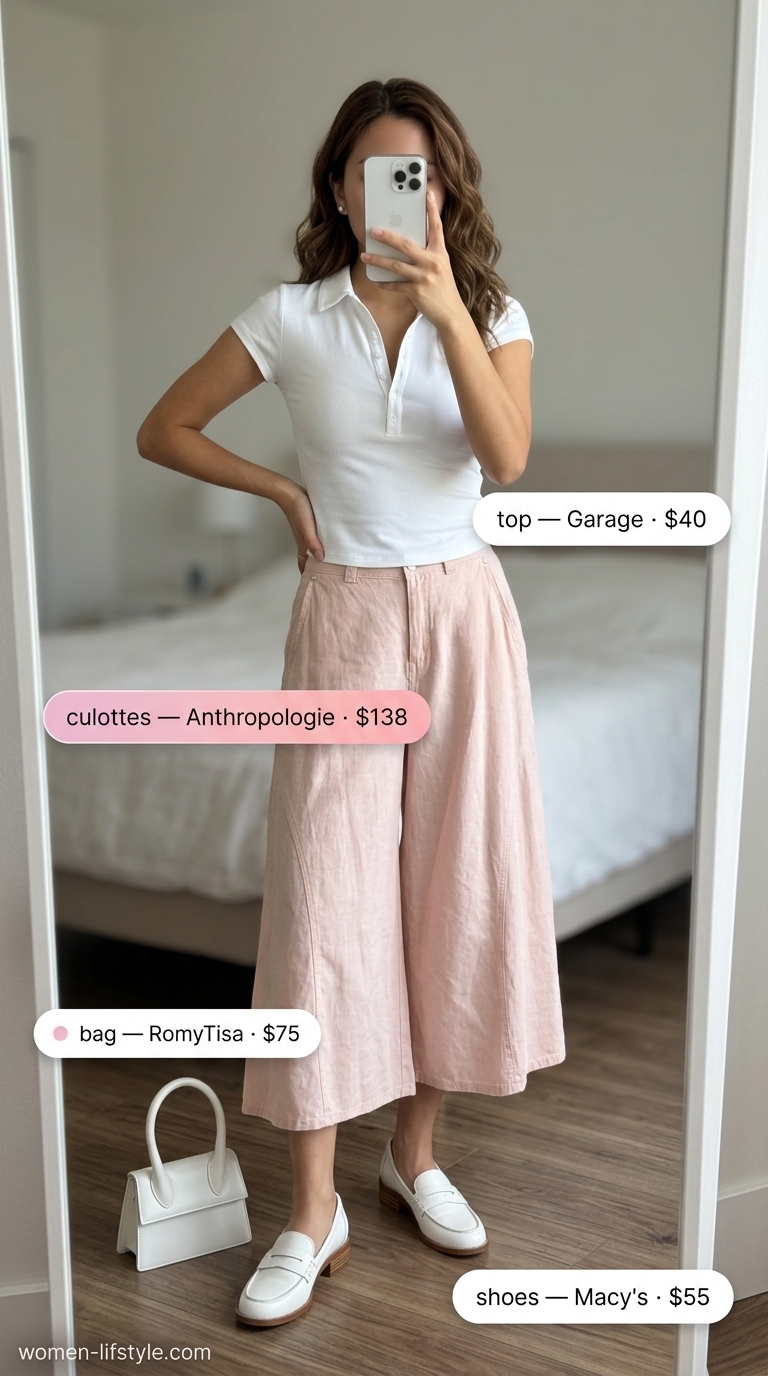 Garden Party Charm Culottes 2026 Pale pink tailored cropped culottes for women 2026 with a white polo top and loafers for a garden party.
