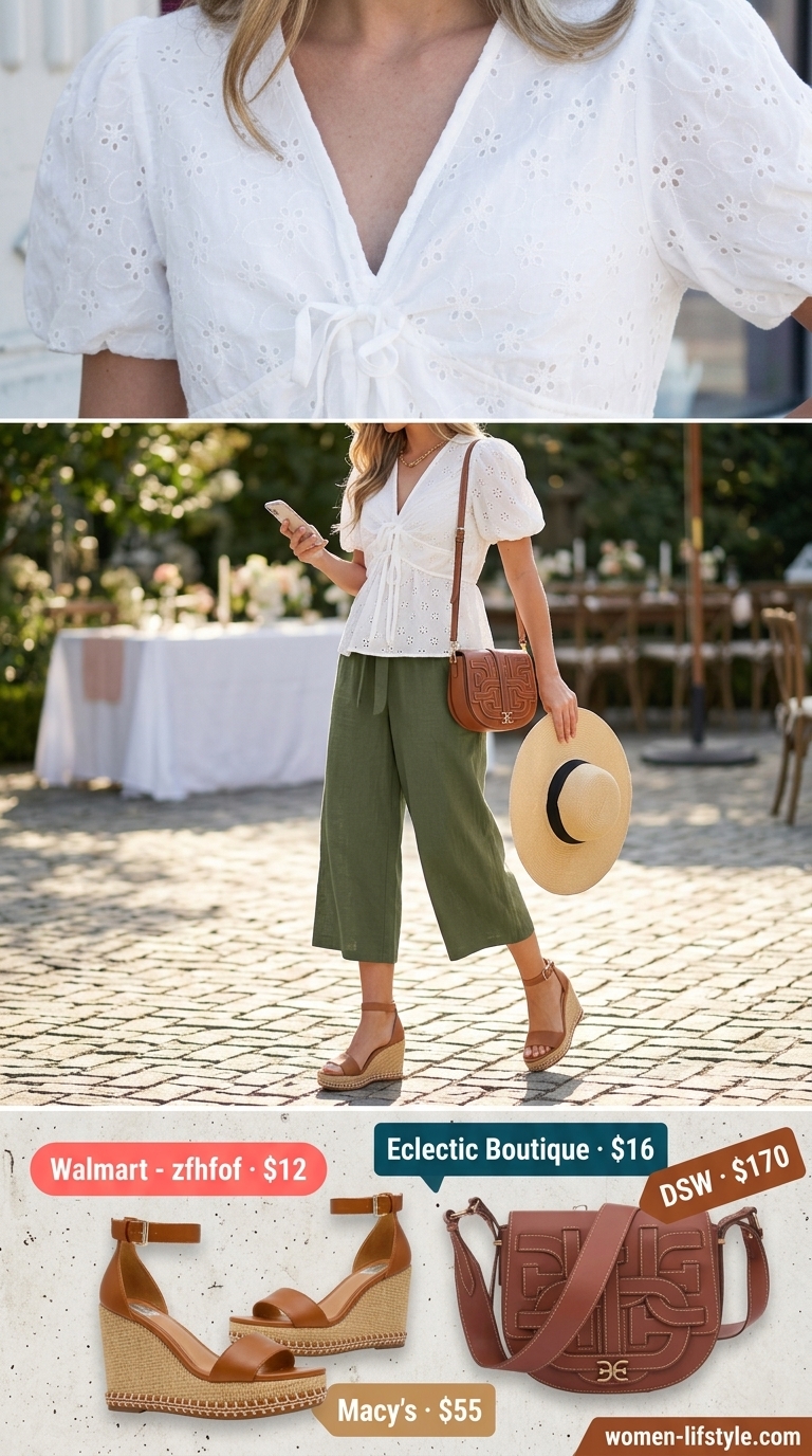Garden Party Style: Culottes 2026 Olive green cropped summer tailored culottes for women 2026 paired with white eyelet top & cognac espadrilles for a garden party.