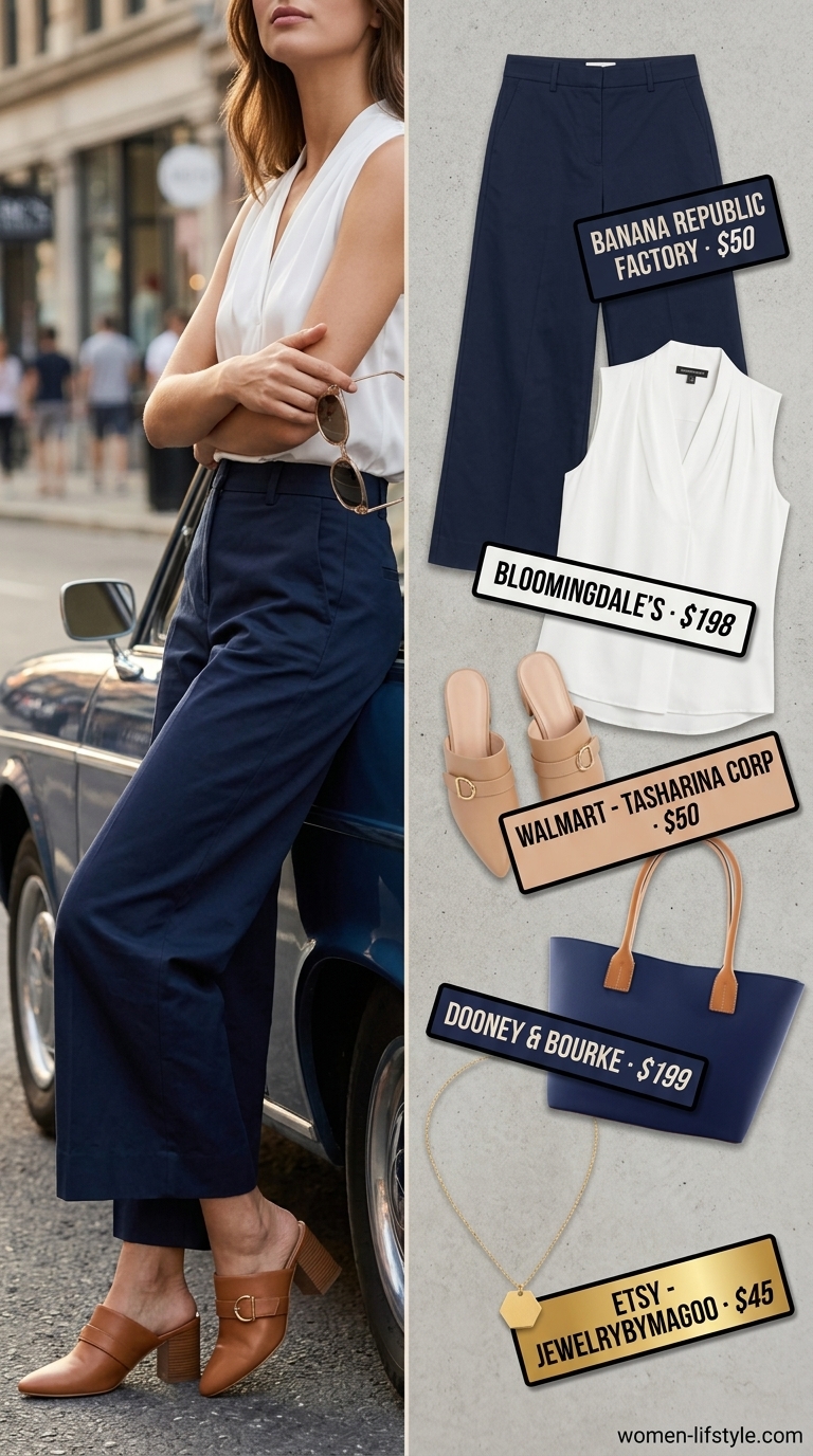 Office Chic: Tailored Culottes 2026 Navy blue tailored cropped culottes for women 2026 paired with a white silk blouse and nude mules for office.