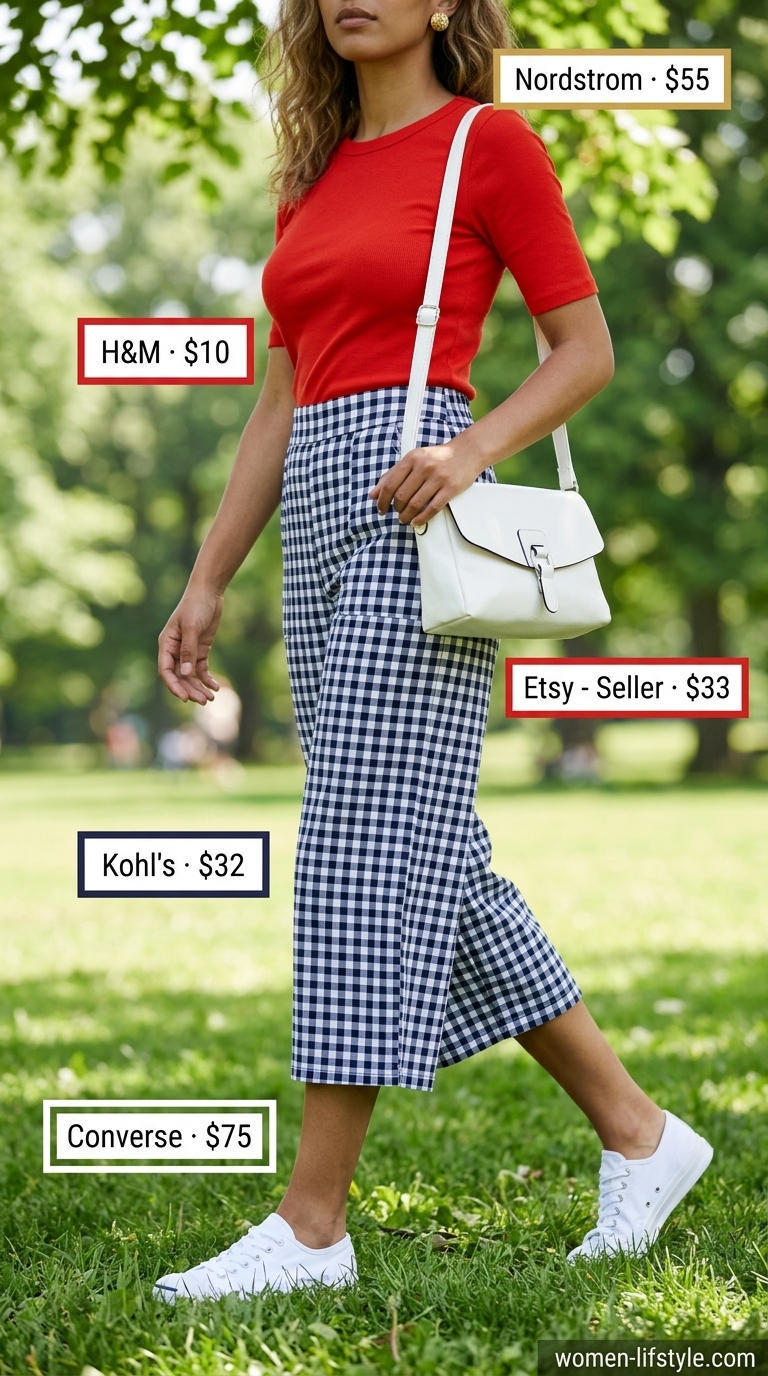 Picnic Perfect Culottes 2026 Navy and white gingham tailored cropped culottes for women 2026 with a red top and white sneakers for a picnic.